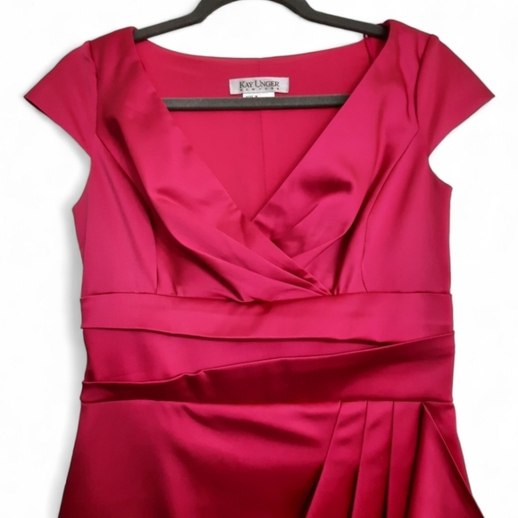 KAY UNGER NEW YORK Fuchsia Midi Sheath Satin Dress Cocktail Party Formal Pink 2 - Picture 2 of 7